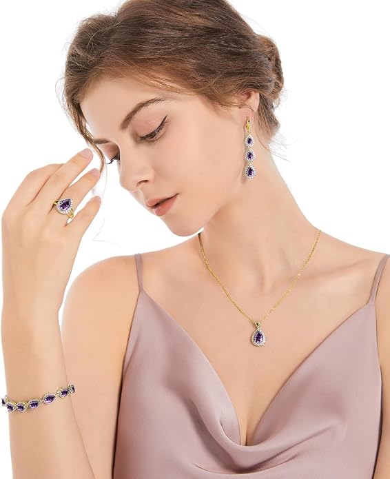 LMXXVJ Necklace Long Earrings Bracelet Set, White Gold Plated Created Blue Sapphire Jewelry Set Wedding Party Gift Jewelry for Women Bridal Bridesmaid