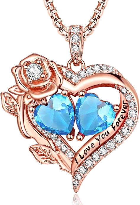 Rose Heart Necklaces for Women, Rose Gold Forever Love Jewelry with 2 Birthstones Pendant, Christmas Anniversarry Birthday Gifts for Her Wife Mom Grandma, 18+2 Inch Chain