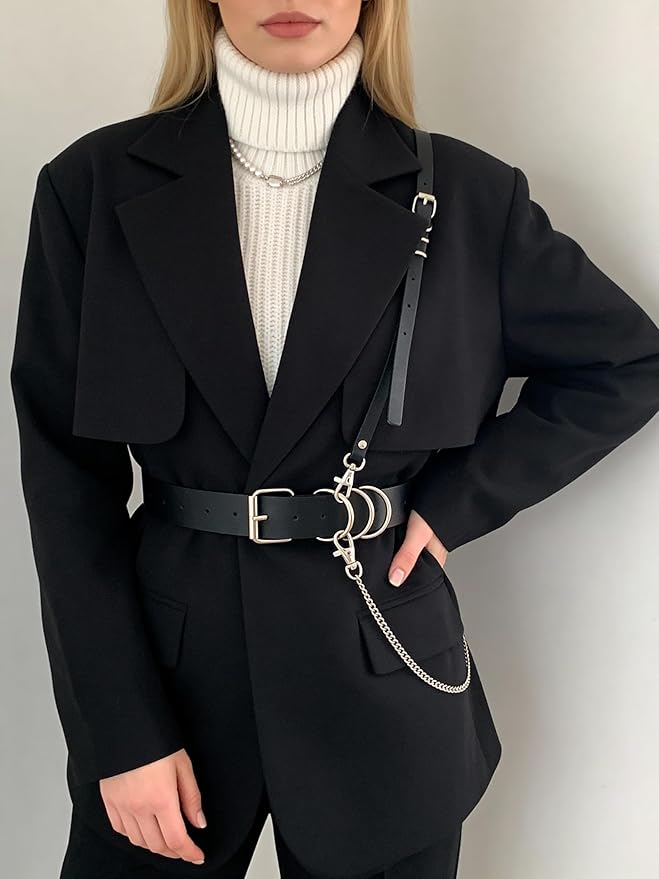 Women's Adjustable Faux Leather Double O-Ring Belt with Detachable Chain, Fashion Waist Belt, Two Wearing Styles, Chic Alloy Hardware, Fit Waist 21.5-36.0in
