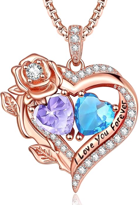 Rose Heart Necklaces for Women, Rose Gold Forever Love Jewelry with 2 Birthstones Pendant, Christmas Anniversarry Birthday Gifts for Her Wife Mom Grandma, 18+2 Inch Chain