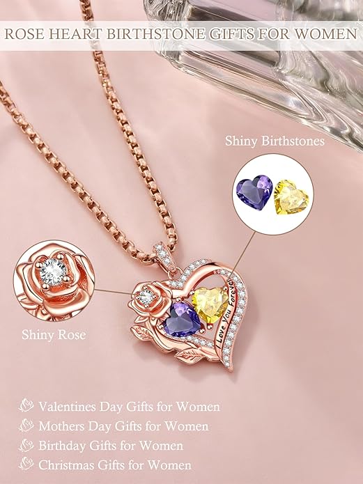 Rose Heart Necklaces for Women, Rose Gold Forever Love Jewelry with 2 Birthstones Pendant, Christmas Anniversarry Birthday Gifts for Her Wife Mom Grandma, 18+2 Inch Chain