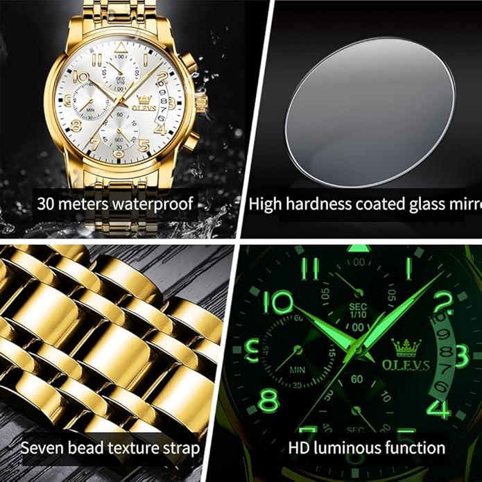 OLEVS Mens Watches Waterproof Stainless Steel Adjustable Bracelet Watch Quartz Analog Watch for Men Fashion Business Classic Mens's Wrist watch's Casual Watches Gold/Blue/Black/White/Face/Dial