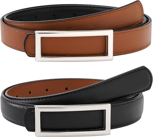 AWAYTR Women Reversible Leather Belt - Two-in-One Women Fashion Skinny Belt for Jeans with Golden Buckle