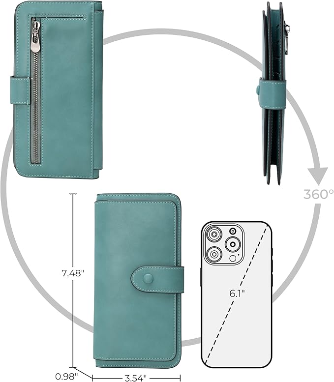 RFID Blocking Leather Wallet for Women, Slim Trifold with 14 Card Slots and Zipper Pocket (Purist Blue)