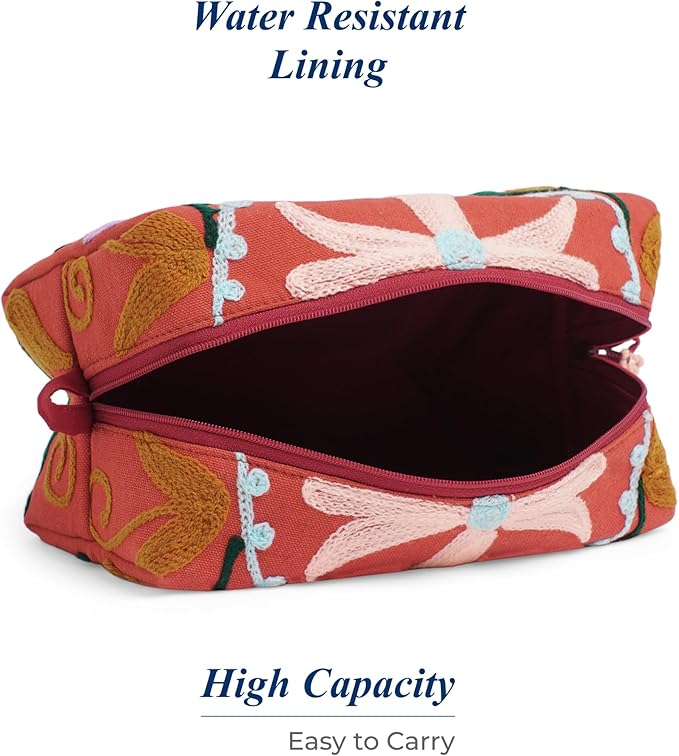 Huar Travel Makeup Bag- Large Capacity Cosmetic Bags for Women - Water Resistance Lining Portable Pouch & Open Toiletry Bag - Perfect Girls Makeup Organizer for Travel Essentials (Orange)
