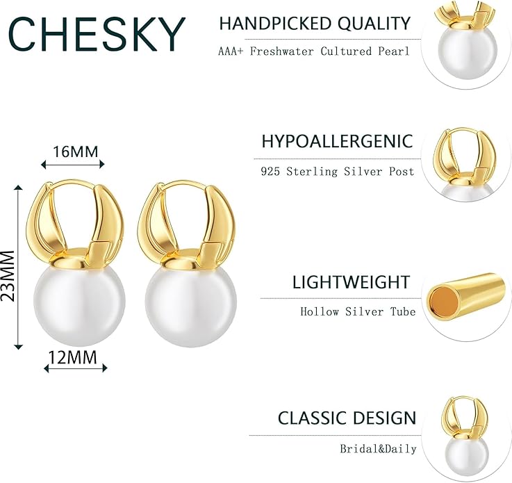 CHESKY Christmas Gifts Pearl Earrings for Women, Dainty 14K Gold Plated/Silver Plated Drop Quality Handpicked AAA+ Freshwater Cultured Round Pearls Dangle Earrings Wedding Jewelry for Women Gifts