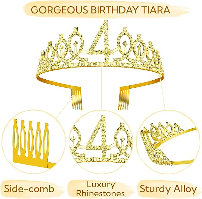 4th Birthday Decorations for Her Girls Set, Include 4th Birthday Crown and 4 Sash, 4th Birthday Cake Topper and 4 Birthday Candles, Gold 4 Balloons, Women 4th Party Supplies(Gold)
