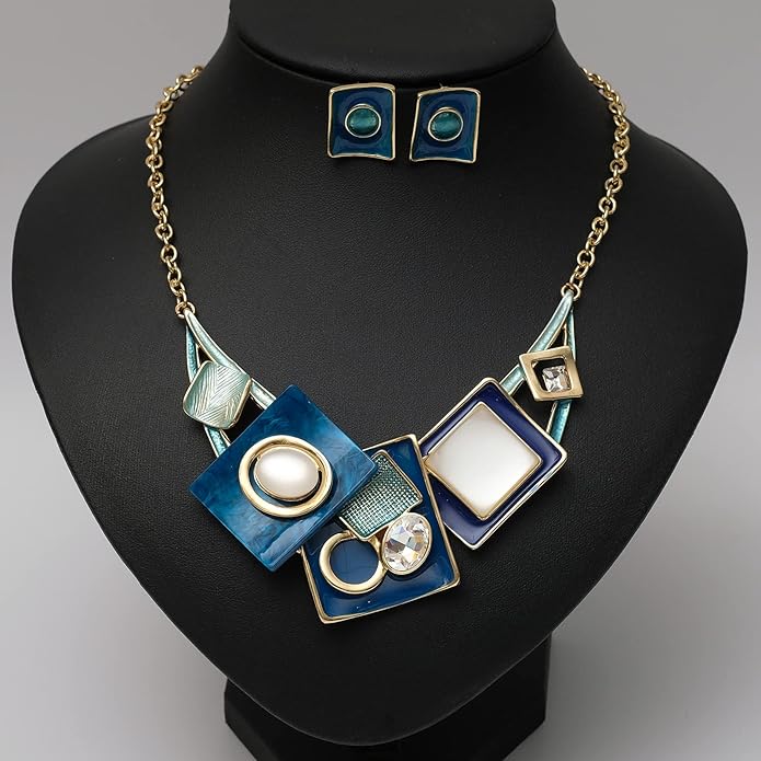 CSY Fashion Boho Oval Crystal Opals Statement Bib Necklace Earrings Bohemian Enamel Costume Jewelry Set Gifts for Women