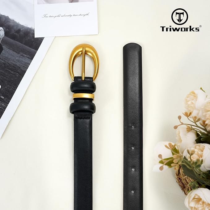 TRIWORKS 2 Pack Women Leather Belt for Jeans Pants Fashion Ladies Skinny Faux Leather Belt with Gold Buckle