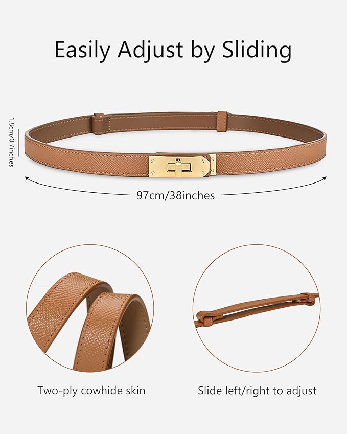 Women's Skinny Leather Belt with Adjustable Silver Turn-Lock Buckle - Ideal for Dresses, Jeans, and Coats, Black