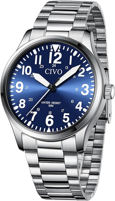 CIVO Analog Wrist Watches for Men: Waterproof Stainless Steel Mens Watches - Silver Watch with Easy Read Dial Men's Watch for Gift