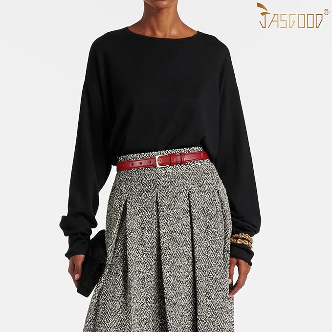 JASGOOD Women Leather Belt Fashion Ladies Skinny Leather Waist Belt for Pants Jeans Dress with Gold Buckle