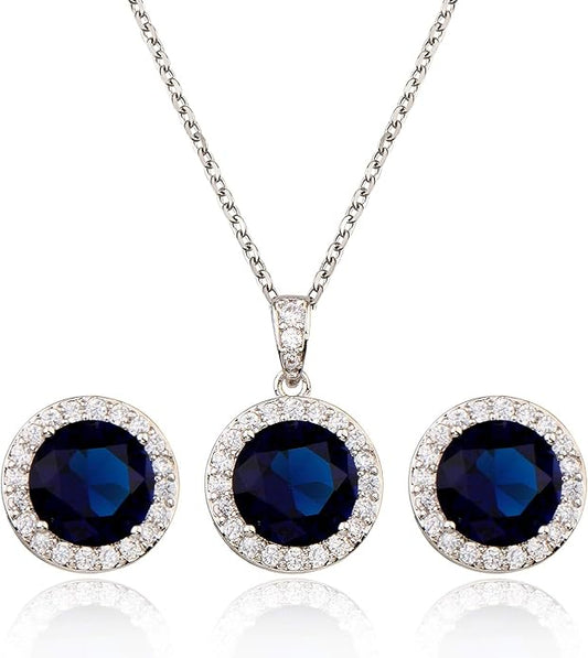 Bridal Crystal Jewelry Set - Sterling Silver Round Cubic Zirconia CZ Rhinestone Halo Birthstone Pendant Necklace Stud Earrings Set for Wedding Bride Bridesmaids Birthday Gift
