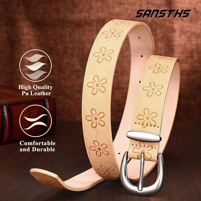 SANSTHS Womens Belt for Jeans Pants Dresses with Alloy Buckle, Floral Print Belt for Women with Unique Print Design