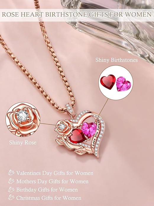 Rose Heart Necklaces for Women, Rose Gold Forever Love Jewelry with 2 Birthstones Pendant, Christmas Anniversarry Birthday Gifts for Her Wife Mom Grandma, 18+2 Inch Chain