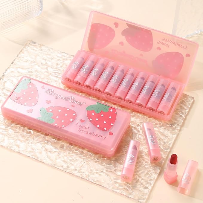 10 Pcs Lip Tint Set Cute Glossy Lip Stains and Matte Lipsticks with Long-lasting and Quick-drying Mini Lip Gloss Lipstick for Makeup Gift (Strawberry, Lipstick)