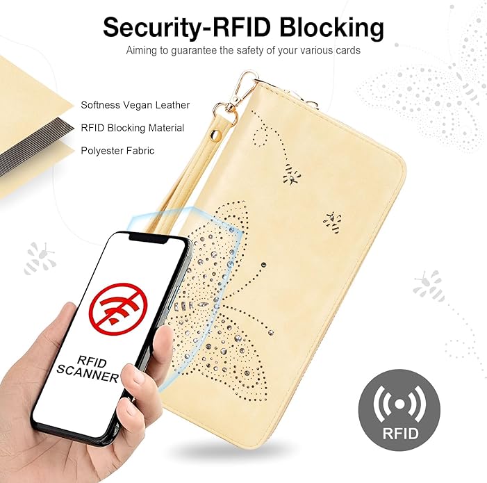RFID Wallet Women, Large Capacity Butterfly Cell Phone Clutch Purses Ladies Wristlet Wallets for Women