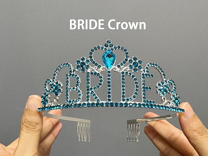 JETKONG 3 Pcs Bachelorette Party Decorations "BRIDE" Crown, Bride to Be Sash&Veil for Women Bachelorette Party Gifts, Bridal Shower Supplies, Gifts, Favors (Light Blue)