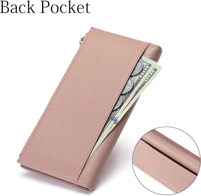 Slim Blue Wallet for Women, RFID Blocking Genuine Leather Bifold with Secure Zippered Coin Pocket (Pink)