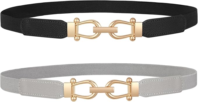 JASGOOD Women Skinny Elastic Belt for Dresses,Thin Retro Stretch Waist Belt with Golden Buckle
