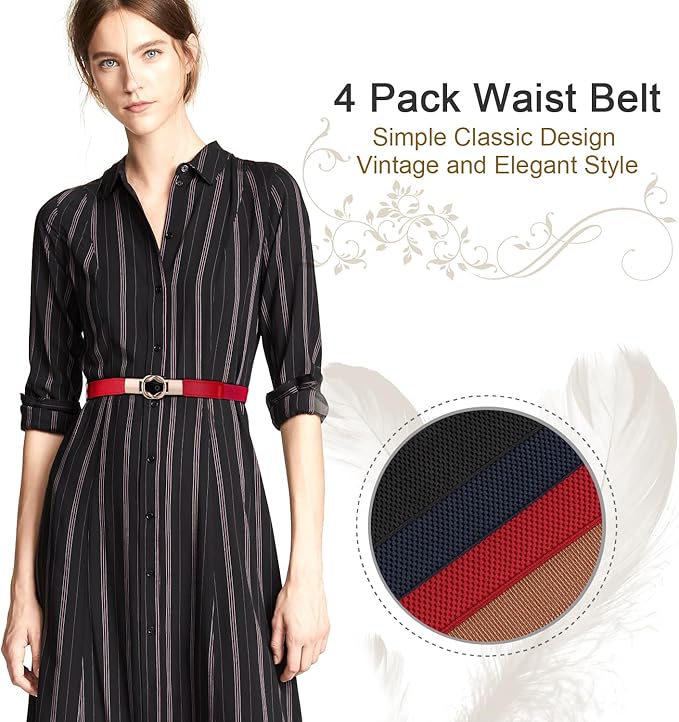 WERFORU Women Skinny Belt for Dresses Retro Stretch Waist Belt with Gold Buckle Set of 4