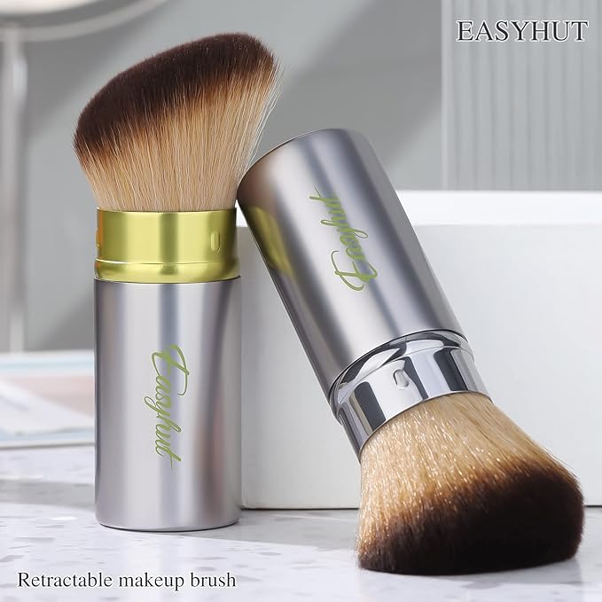 Retractable Kabuki Makeup Brushes 2 Pcs Blush Brushes Set Portable Powder Brushes with Flat and Angled Top for Liquid Cream Cosmetics Travel, large/1.18inch(Silver Green)