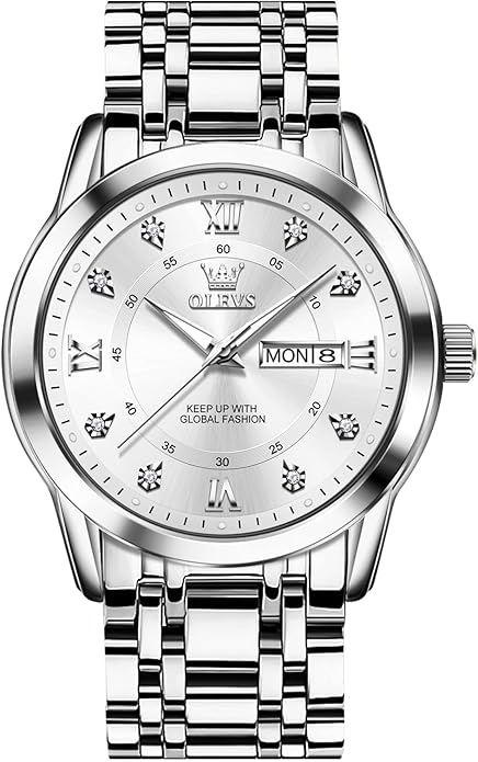 OLEVS Men's Stainless Steel Watch, Large Face Roman Numerals Diamond Accented Three-Hand Analog Quartz Watches for Men, Easy to Read Day Date Waterproof Luminous Mens Wristwatch