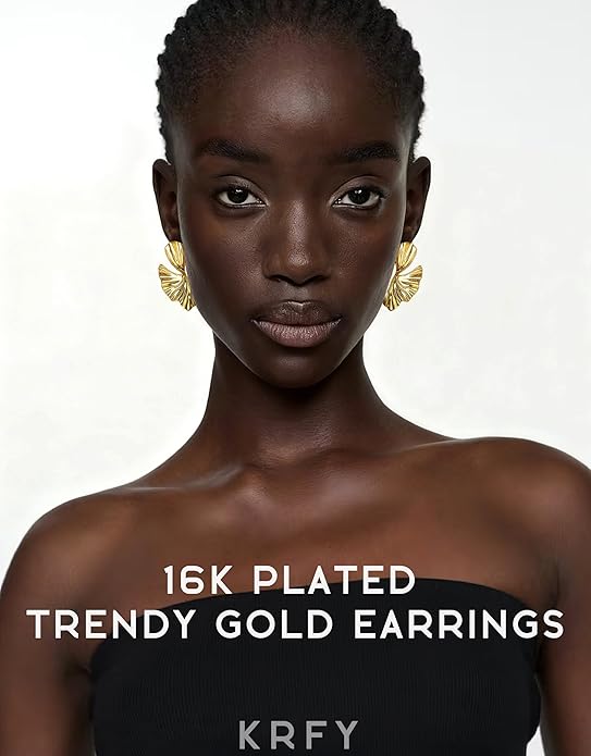 KRFY Statement Earrings 2 Pairs, S925 Sterling Silver Post 16K Plated Chunky Gold Earrings For Women Trendy, Hypoallergenic Big Flower Leaf Stud Earring Set, Silver Color Large Dangle Earrings Jewelry