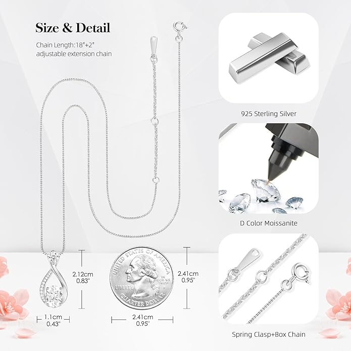 1.5CT Moissanite Infinity Pendant Necklace in Gift Box|Anniversary Wedding Gifts for Women Wife Her|S925 Sterling Silver 18K White Gold/Gold Filled|Jewelry for Birthday Christmas Valentines Day