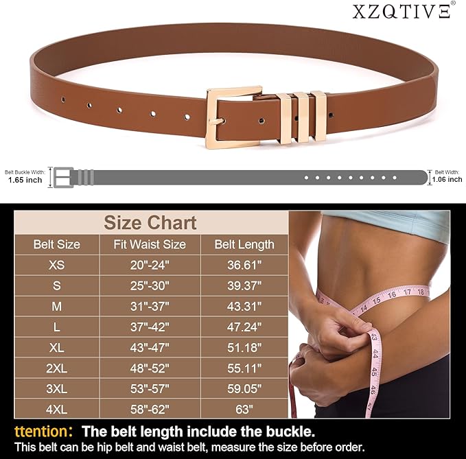 XZQTIVE Plus Size Women's Leather Belts for Jeans Pants Dress Fashion Ladies Waist Belt with Square Gold Buckle