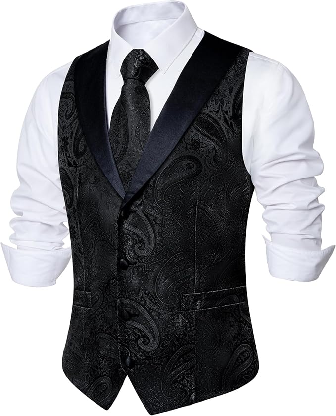 DiBanGu Mens Paisley Suit Vest Silk Jacquard Waistcoat and Necktie Set Formal Shawl Collar Dress Vest 7PCS for Wedding Party