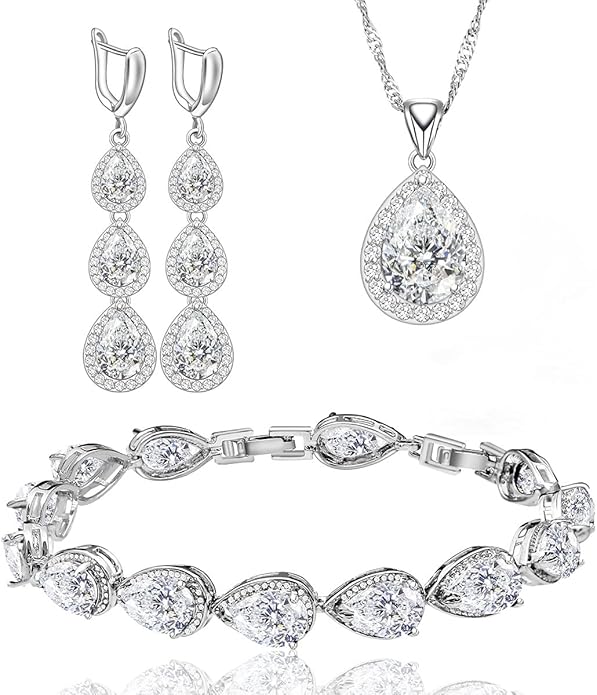 LMXXVJ Necklace Long Earrings Bracelet Set, White Gold Plated Created Blue Sapphire Jewelry Set Wedding Party Gift Jewelry for Women Bridal Bridesmaid