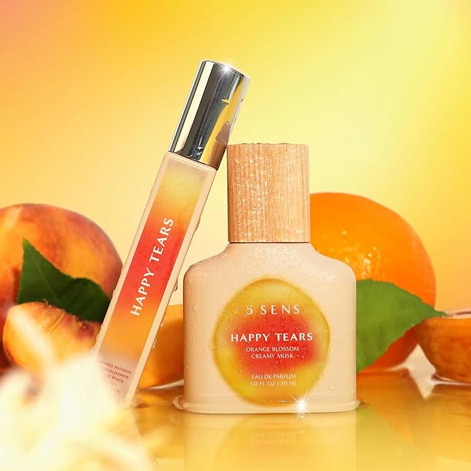 5 SENS Happy Tears Eau de Parfum Travel Spray (10 mL) - Clean, Long-Lasting Fine Fragrance - Warm Floral with Orange Blossom, Arabian Jasmine, White Peach, Creamy Musk & Mandarin - Vegan, Cruelty-Free