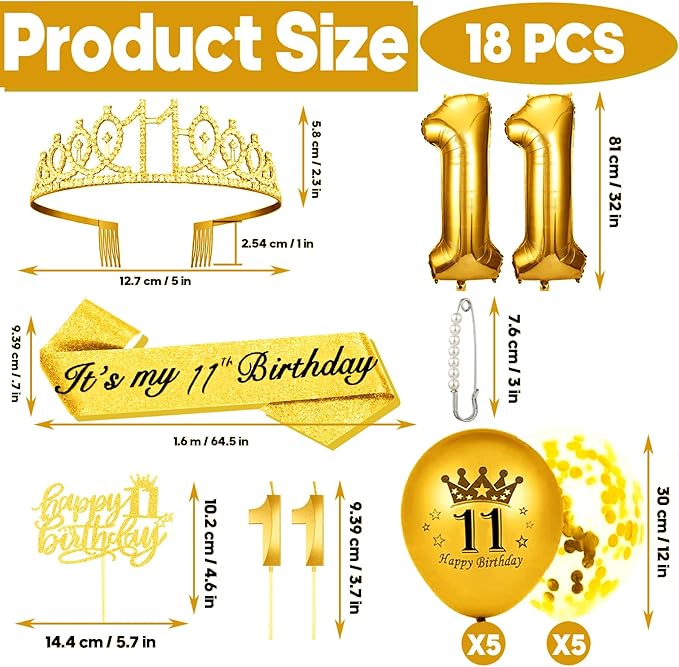 11th Birthday Decorations for Her Girls Set, Include 11th Birthday Crown and 11 Sash, 11th Birthday Cake Topper and 11 Birthday Candles, Gold 11 Balloons, Women 11th Party Supplies(Gold)