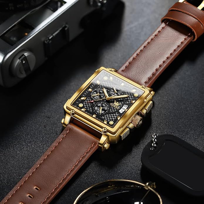 OLEVS Men's Casual Leather Watch, Big Face Chronograph Watch for Men, Fashion Easy to Read Dress Watch, Men's Waterproof Luminous Date Analog Watch, Gold/Black/White/Blue Dial