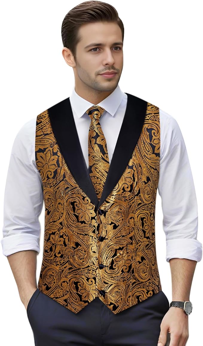 DiBanGu Mens Paisley Suit Vest Silk Jacquard Waistcoat and Necktie Set Formal Shawl Collar Dress Vest 7PCS for Wedding Party