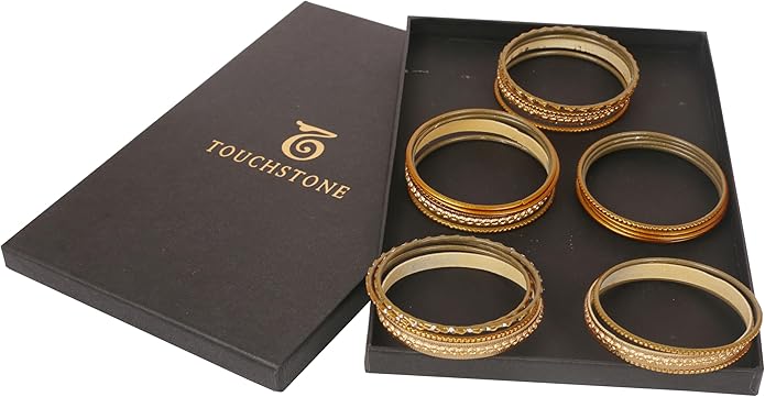 Touchstone Indian Metal Bangles for Women Gold Alloy Bracelets desi 2 Dozen Bangle Collection Bollywood Women's Jewelry Set Multi Stacking Wide Chunky Textured Golden Set of 24 in Gold or White Tone
