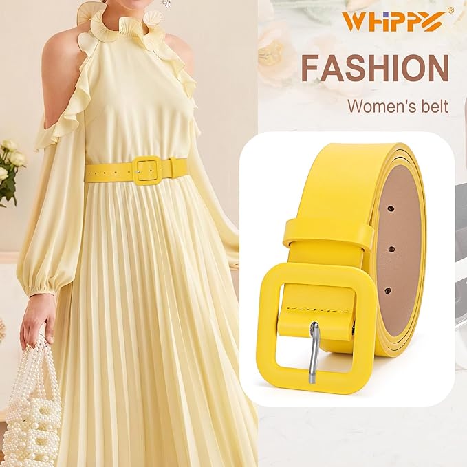 WHIPPY Women Leather Belt Candy Color Fashion Square Buckle Belt Ladies Belt for Jeans Pants Dresses