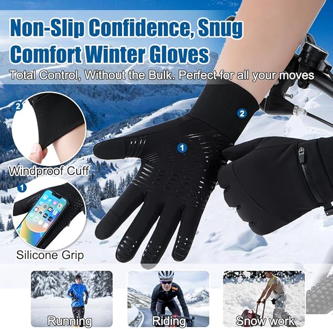 Winter Gloves for Men Women - Waterproof Glove Cold Weather Thermal Sport Gloves, Warm Gloves Touchscreen Glove for Running Cycling Driving Hiking, Windproof Work Gloves Work