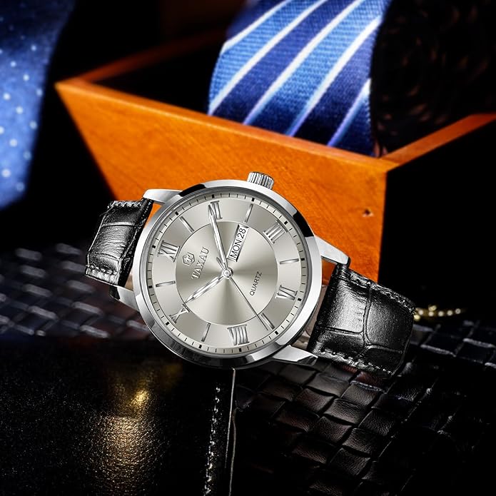 Leather Band Mens Watches with Day Date Quartz Analog Large Face Classic Watch Roman Numerals Dress Luminous Rlojes para Hombres