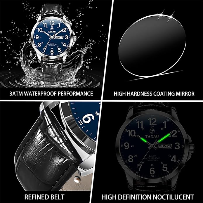 Watches for Men Leather Large Arabic Numerals Mens Watches Waterproof Band with Date Quartz Men's Wrist Watch
