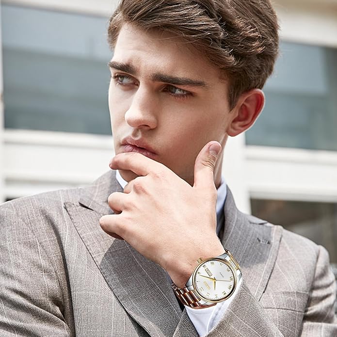 OLEVS Classic Men Watches with Date,Stainless Steel Man Watch with Date, Bussiness Watches for Men,Luminous Quartz Mens Watches Black/White/Blue/Gold, Waterproof Male Watch with Week