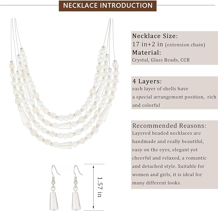 Layered Beaded Statement Necklace Multi Strand Crystal Beads Collar Necklace and Earring Sets for Women Fashion Costume Jewelry Set Gifts for Her