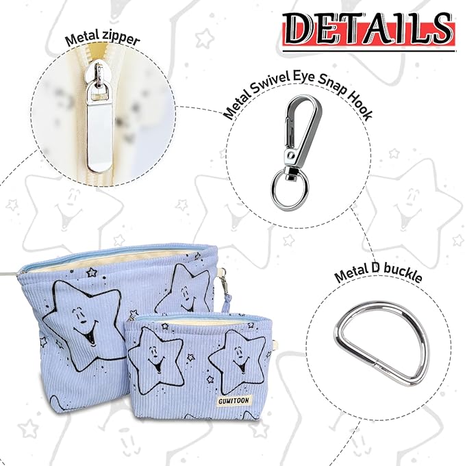 2pcs Blue Star Corduroy Makeup Bag for woman-aesthetic cute stuff as pouch case and purse organizer for girl-cosmetic travel toiletry bag small baggu glossier