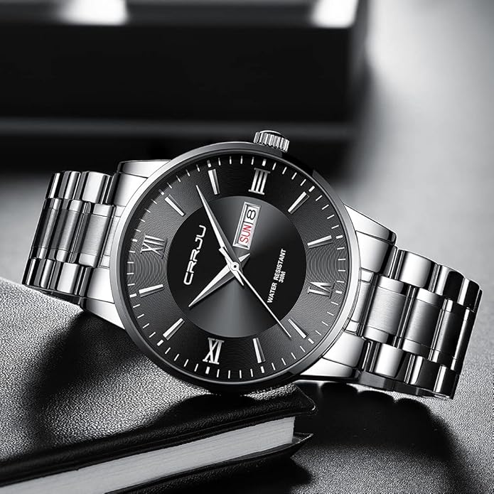 CRRJU Men's Fashion Luxury Stainless Steel Watches for Men Business Auto Date Chronograph Analog Quartz Wristwatches