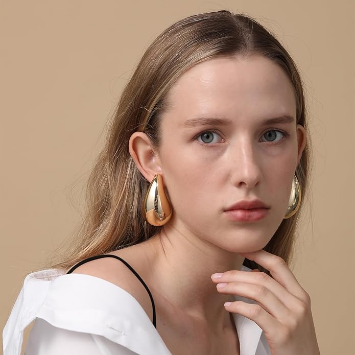 Apsvo Chunky 14K Gold Plated Hoop Earrings for Women, Lightweight Waterdrop Hollow Open Hoops, Hypoallergenic Dupes Earrings