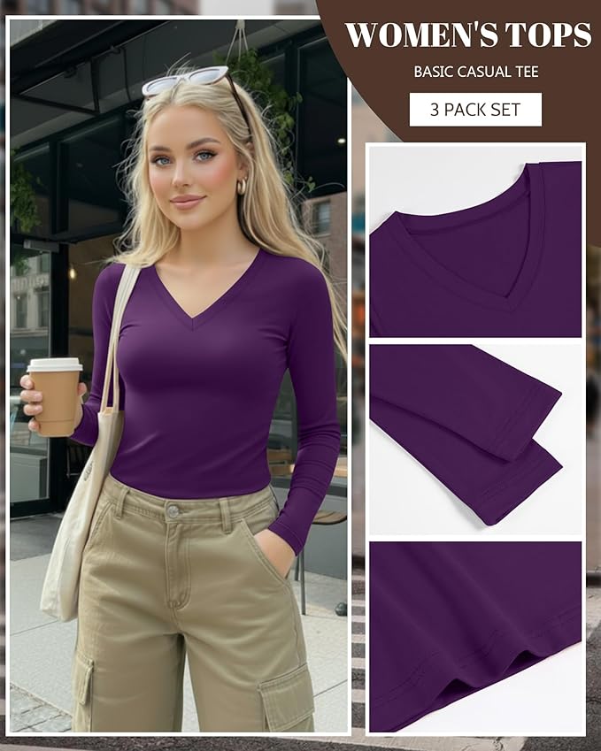 Ficerd 3 Pack Women's Long Sleeve Shirts, V Neck Basic Tees Slim Fitted Casual Fall Tops Going Out Blouses T Shirts