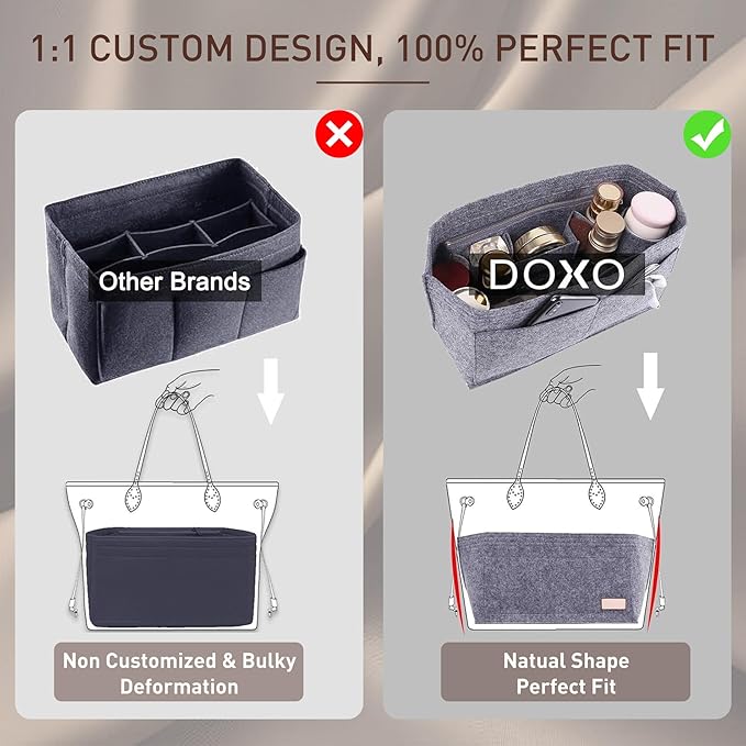 Doxo Purse Organizer Insert Handbag&Tote Felt with Bag Fits for Speedy and Neverfull & Base Shaper 2pc Set (Large- Gray-Combination)