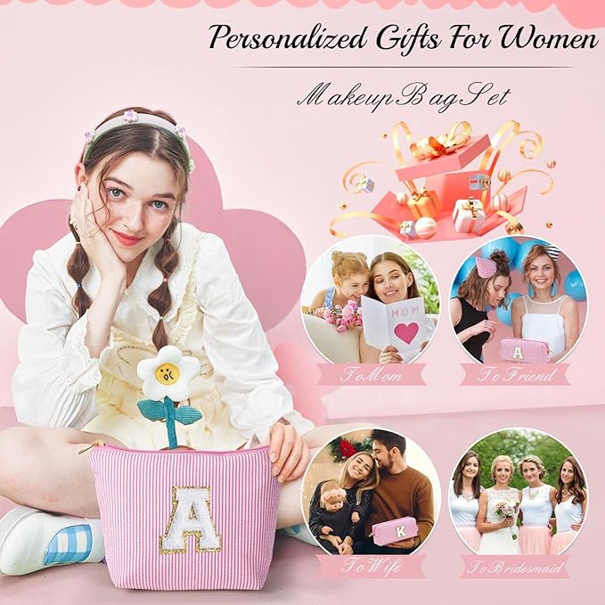 YOOLIFE Personalized Makeup Bag for Women - Monogram Cosmetic Bags Travel Toiletry Bag Brush Holder Birthday Gifts for Women Her Wedding Bridesmaid Friend Sister Teacher Wife Pink G