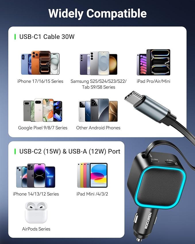 Retractable Car Charger USB-C,Rocoren 57W 3-in-1 Type C Fast Car Charging [Ultra-Compact Mini] with Cord Cigarette Lighter Adapter Car Accessories for iPhone17/16/15,S25 Android,Gifts for Women Men